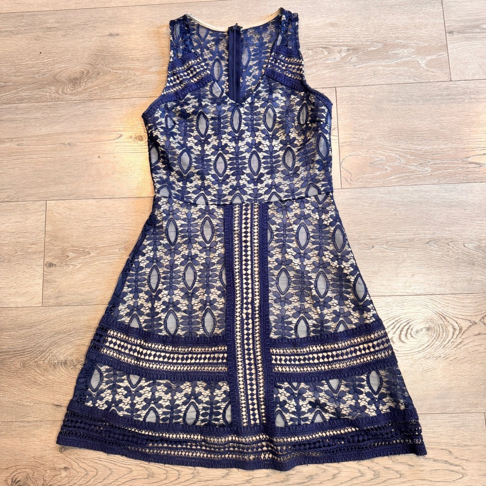 Dina Be Blue Lace Illusion Fit & Flare Sleeveless Dress Womens Small‎ S